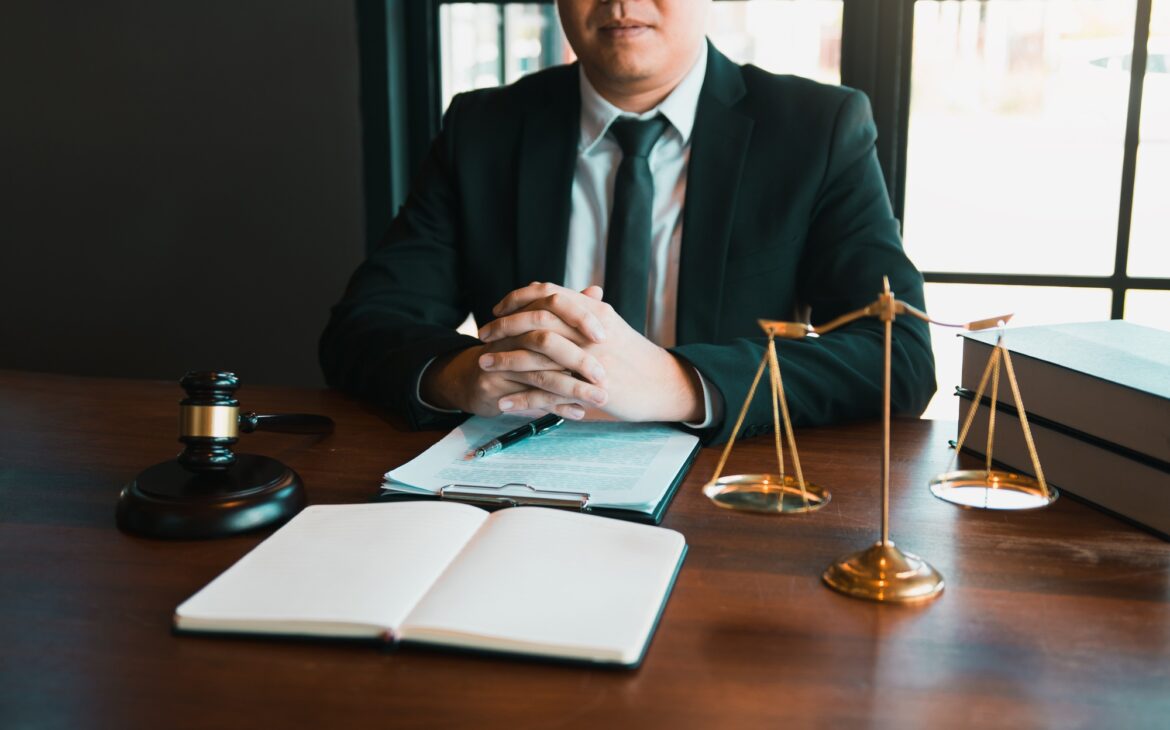 Justice and law concept with male lawyer in the office.