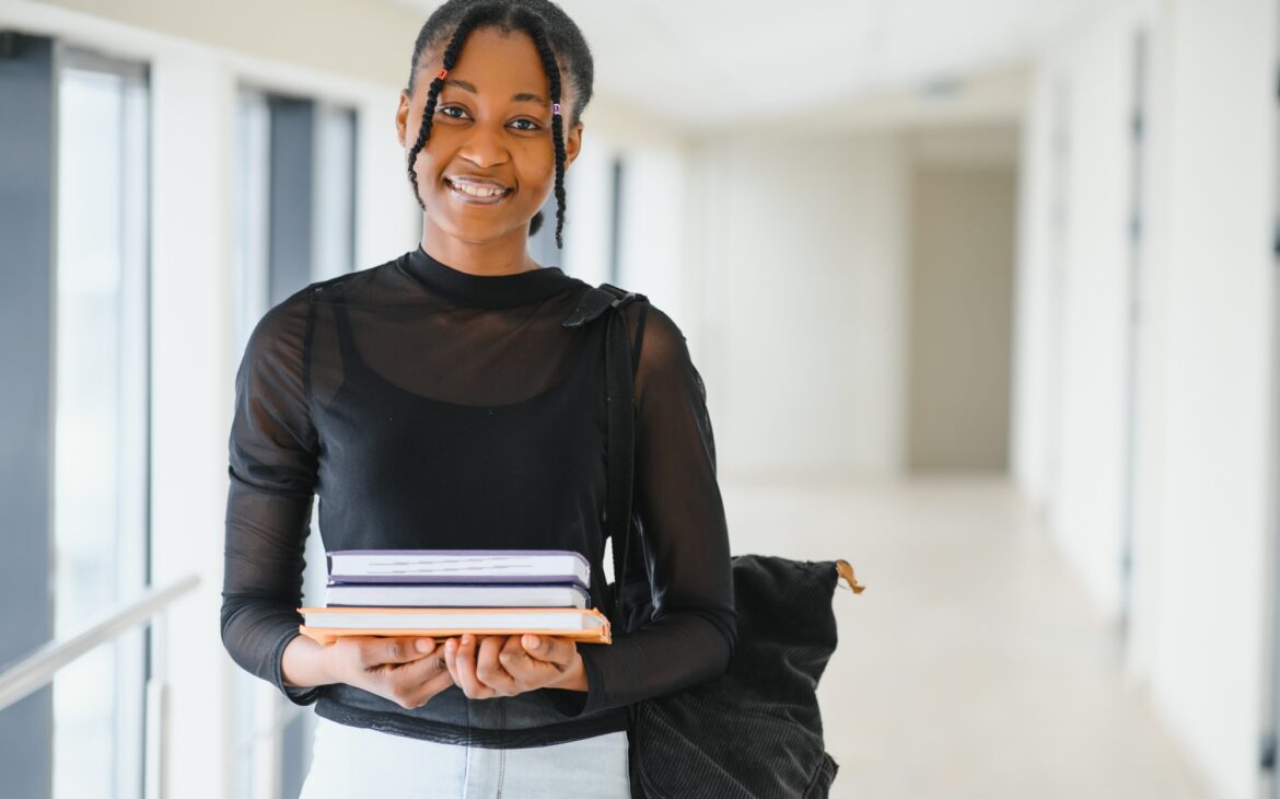 portrait of happy female african american college student