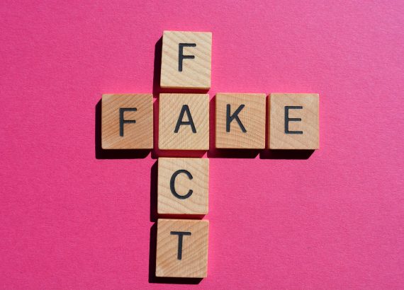 Fact, Fake. Words in 3D wooden alphabet letters in crossword form on bright pink background
